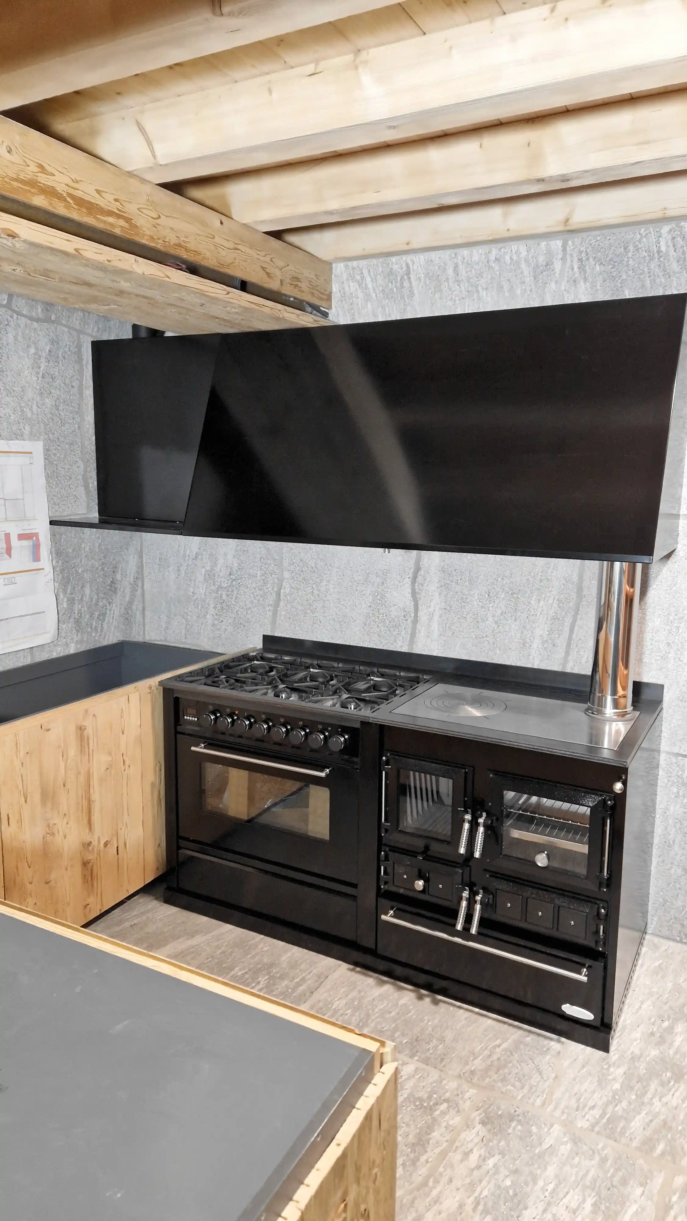 Cucina classica combinata gas legna 170cm con cappa industrial chic Vescovi Cucine