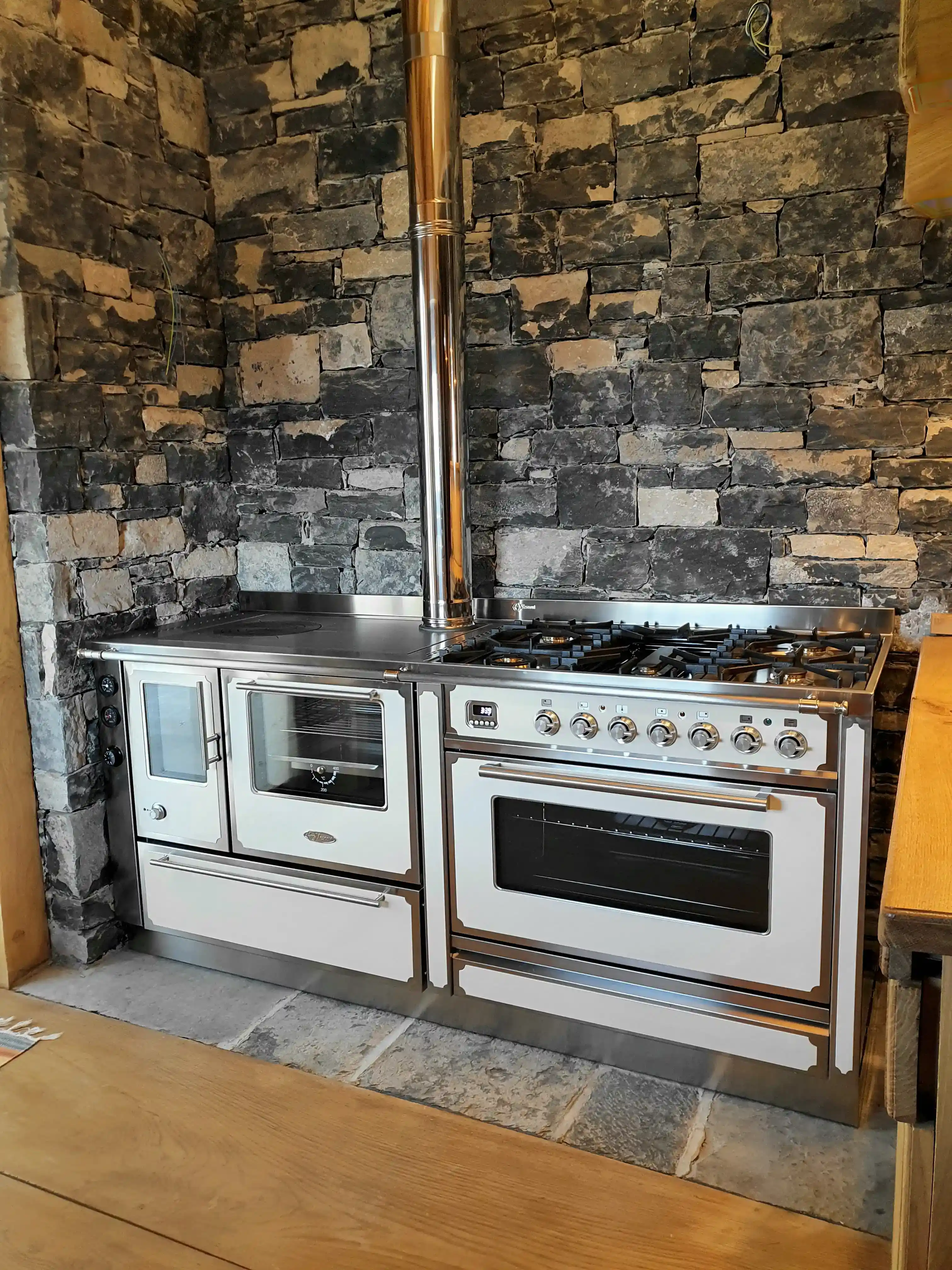 Termocucina combinata gas legna 180cm inox bianco Vescovi Cucine